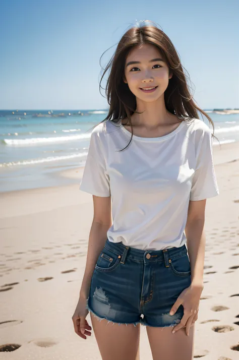 (best quality, complex details: 1.2) ,1 girl, solo, looking at the audience, wide mens shirt, (cowboy shorts), lips parted, realistic,on the beach,light smile,shy,Medium size，white body,long hair,bare_legs,pale complexion,