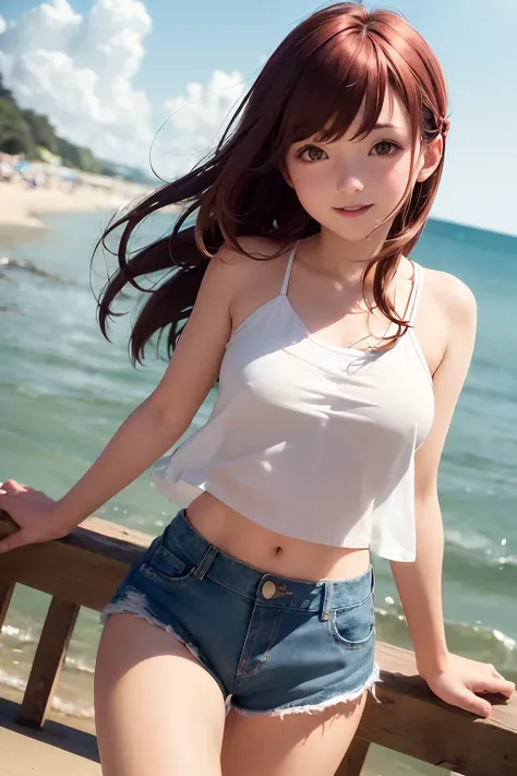 (((Frolicking on the seaside))) ((middlebreasts、tomgirl、the head is small))、sunlights、(the perfect body : 1.1)、(Short straight hair : 1.2)、reddish brown hair、 ((With smiling eyes)) (((great laughter))、((Red hairpin)), Big white shirt、((denim short pants))、...