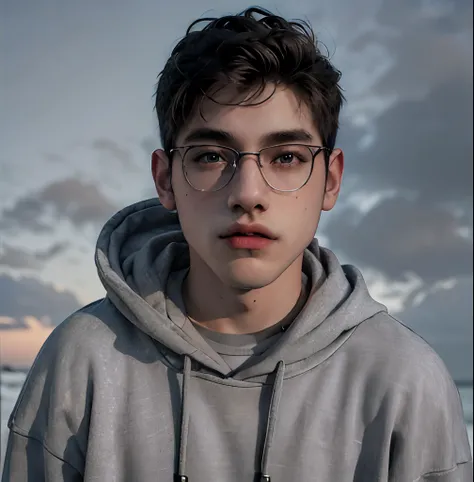 (masterpiece:1.2), (best quality:1.2), hyper realistic,highestres,absurdres,extremely detailed,volumetic,dramatic lighting,(frontal view),
20 year old boy,face,detailed eyes, gray hoodie, black t-shirt, with background ((sky))