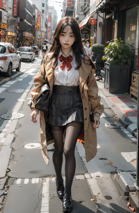 Winters，long whitr hair，Orange coat，Wear a white button-down shirt underneath，red bowtie，Japan Female Student Grid，Black tights，Black leather shoes。