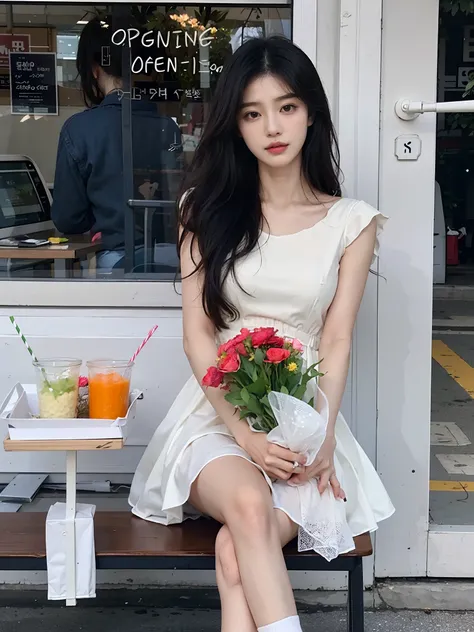 The woman sits on a bench in front of the store，holds a bouquet of flowers, jaeyeon nam, Gorgeous young Korean woman, beautiful Korean women, Beautiful young Korean woman, Shin Jinying, Korean girl, bae suzy, wearing a cute white dress, Choi Hyun-hwa, ulzz...