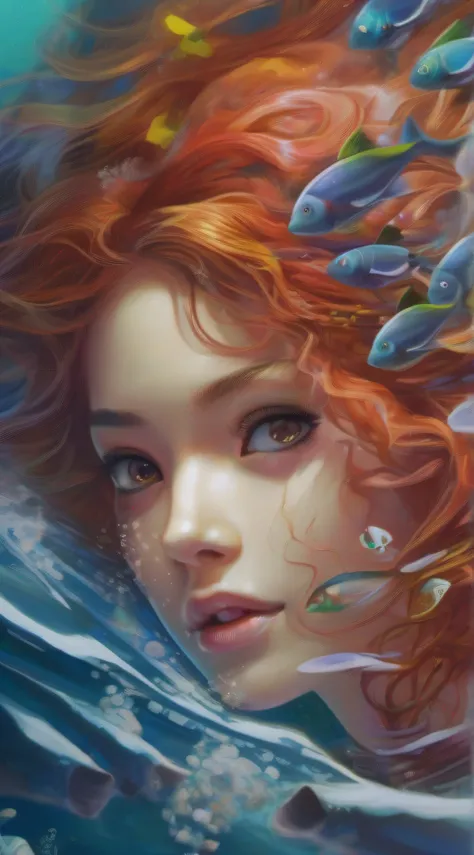 absurderes, A high resolution, Ultra detailed, 1 Malay girl, Solo, Extremely detailed eyes, multicolored hair, The effect of hair in water, Wavy hair, Coral eyes, , diving_Underwater_To_View_marine_life,, rough breath (Realistic)