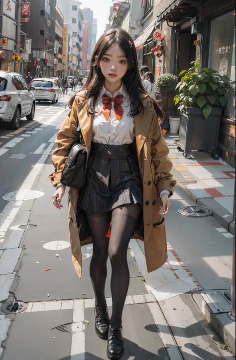 Winters，long whitr hair，Orange coat，Wear a white button-down shirt underneath，red bowtie，Japanese schoolgirl grid，Black tights，Black leather shoes。