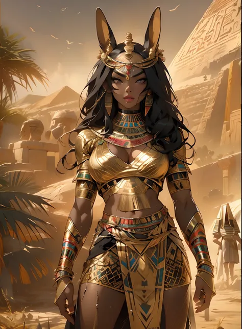 beautiful black woman, Beautiful black eyes、Egyptian woman, (Glossy Egyptian ornaments), muscular and perfect body,sexypose,(top-quality、8K、32K、​masterpiece、nffsw:1.3)、超A high resolution,(Photorealsitic:1.4), long black hair with heavy bangs on the forehea...