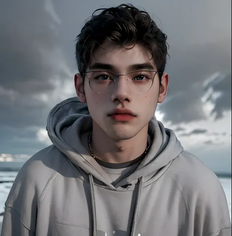 (masterpiece:1.2), (best quality:1.2), hyper realistic,highestres,absurdres,extremely detailed,volumetic,dramatic lighting,(frontal view),
20 year old boy,face,detailed eyes, gray hoodie, black t-shirt, with background ((sky))