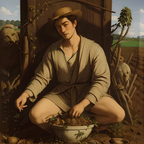 caravaggio,  oil painting, background,1 hand, dirty hands, farmer, correct fingers, planting rice