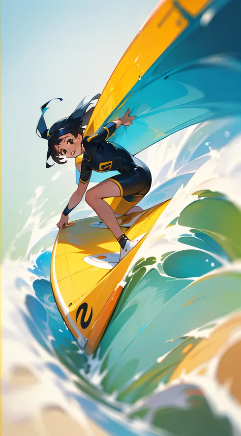 A teenager surfing on a surfboard，Q version figures，ssmile，Positive perspective，Add details，Detail enhancement，solid color backdrop，The faces of the characters are clear