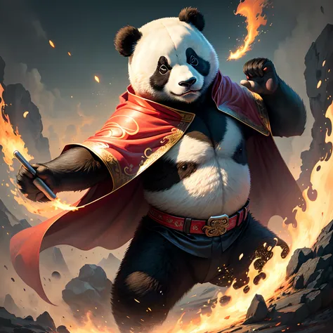 A panda who knows kung fu, With a hat, Wearing a red cape, anime style, anime, stereogram, UHD, super detail, high details, high quality, highres, best quality, 16k