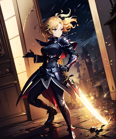 (((​masterpiece)))、(((top-quality)))、((ultra-detailliert))、Rondo but very light、almost white hair blown by the wind, Armor light with predominantly white and red fabric and gold accents, Holding a sword at the waist of her sheath, Looking out the open wind...