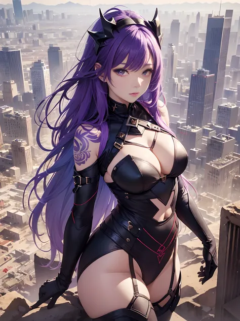 1girll，long purple gorgeous hair，Purple jumpsuit，tattooed，There is a red string around the waist，Purple Boots，Thigh leg rings，The right hand emits a glow of purple energy，,(top-quality、8K、32K、​masterpiece、nffsw:1.3)、超A high resolution,(Photorealsitic:1.4),...