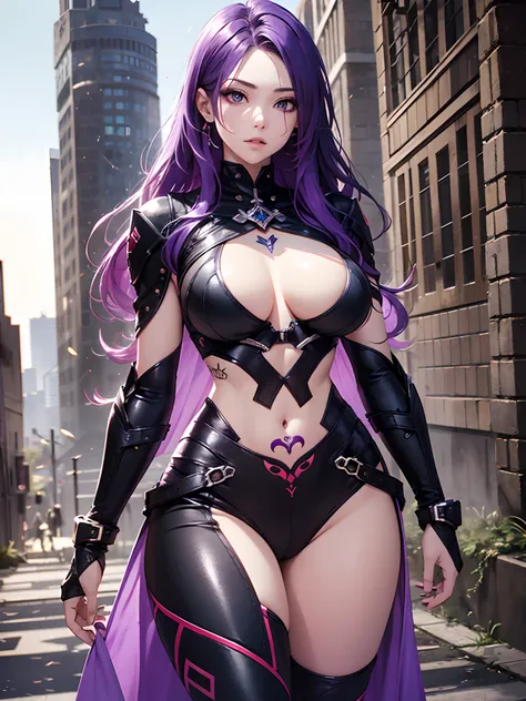 1girll，Long purple gorgeous hair，Purple jumpsuit，tattooed，There is a red string around the waist，Purple Boots，Thigh leg rings，The right hand emits a glow of purple energy，Hands full of chest, Convex buttocks, city ruins，Sacred rays，A desert，Detailed backgr...