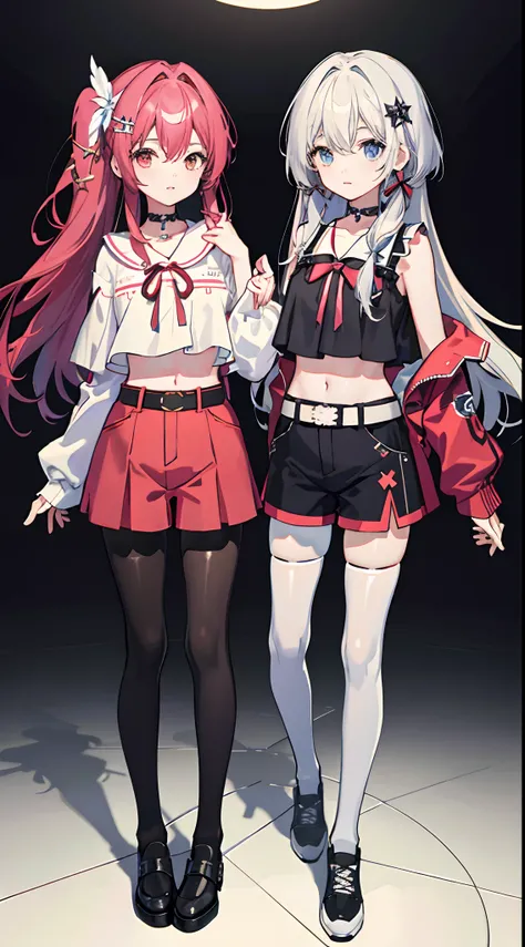 ,twins，masterpiece,best quality,official art,extremely detailed CG unity 8k wallpaper, 2girls, adorable girl, yuri, hair ornament, short shorts, crop top, pantyhose, ribbon_choker, leg belt,