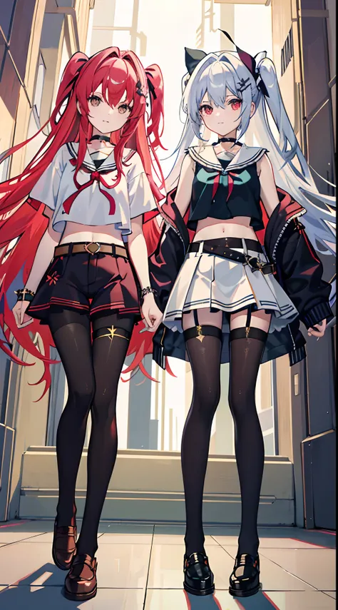 ,twins，masterpiece,best quality,official art,extremely detailed CG unity 8k wallpaper, 2girls, adorable girl, yuri, hair ornament, short shorts, crop top, pantyhose, ribbon_choker, leg belt,