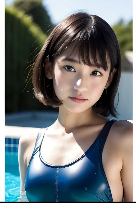 top-quality、​masterpiece、8K、foco nítido:1.2（Photographic:1.4）Close up portrait of person in blue swimsuit posing, wearing a swimming wear, Japanese Models, wearing leotard, Swimsuit, Wet swimsuit,, Young Gravure Idol, Young skinny gravure idol, Young Prett...