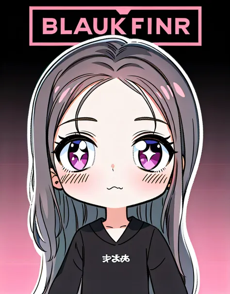 A cartoon girl with long hair and a black shirt，It has pink letters on it, portrait jisoo blackpink, jisoo from blackpink, portrait of jossi of blackpink, jisoo of blackpink, jossi of blackpink, blackpink jennie, official fanart, Black hair, brunette color...