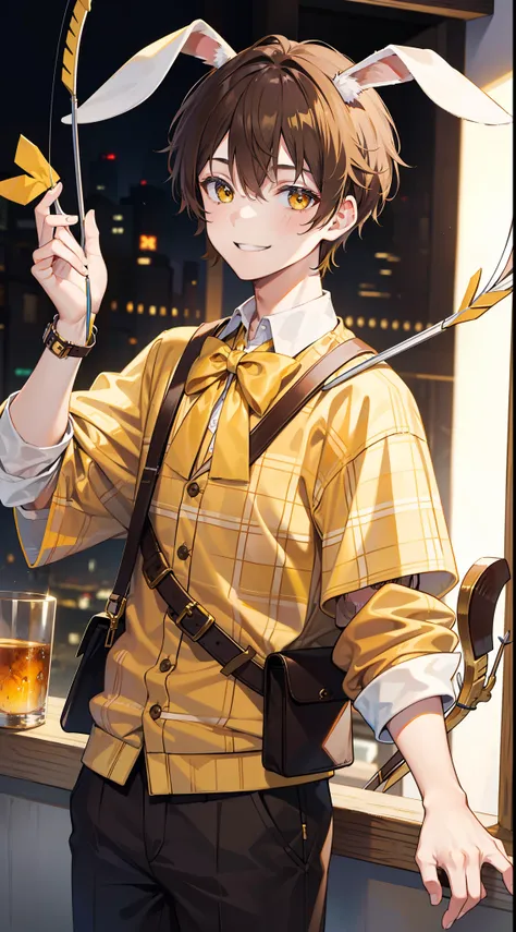 Young guy, Brown hair with blonde strands, Yellow eyes, brown rabbit ears, Smile, Bow and arrow, Masterpiece, hiquality