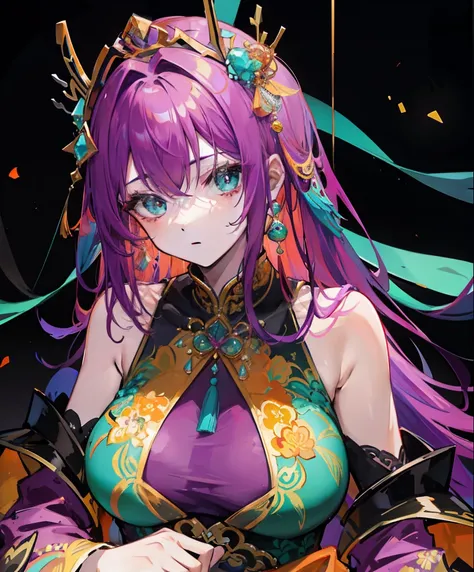 Orange mixed with light purple glowing hair，Wear a transparent emerald orange-patterned cheongsam，The head decoration is turquoise golden yellow，She is a queen-type girl