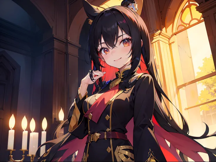 bright look，The smile is bright，Long black hair shawl。She loves to tease，And with a smug look。Dressed in brightly colored court costumes。Background with：Inside the magnificent palace，Candles flicker，The atmosphere seemed warm and oppressive。