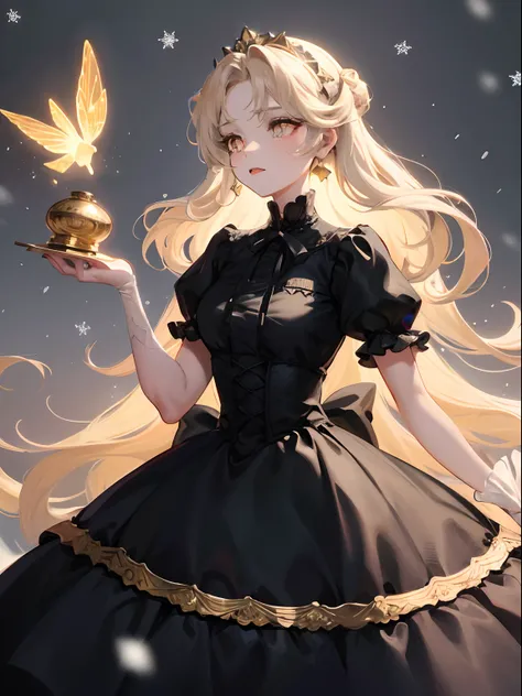 1woman, white long wavy hair, swept bangs, ((golden eyes)), intricate gown, snowing background, dress fluttering, Victorian dress, holding a circular music box