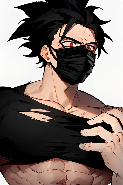 Man , torn clothes , wounds on his body , have muscles , black ClothMask , male focus, muscular, muscular male, rock, serious, solo, pushed back hair black , red eyes, black hair, ((masterpiece)) , [ black mask in his mouth ] BLACK MASK IN HIS MOUTH , BLAC...