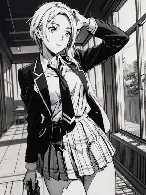 of the highest quality, Best Quality,超A high resolution, hight resolution, (masutepiece), (Comic style illustration), (linear art_Anime),(black-and-white),(monotone_highcontrast),hi-school girl,high-school uniform、neck tie、blazers、skirt by the,Inside the s...