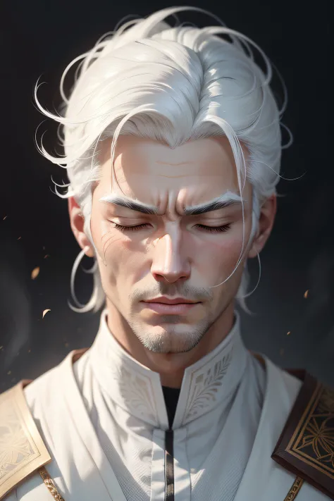 Close-up of a man with closed eyes with white hair and white mask，Handsome figure painting，Epic and beautiful character art