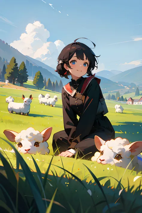 1 girl，Light smile，adolable，looking to the camera，Lots of little sheep，hillside，grassy fields，blue-sky，baiyun，nordic，8K，high qulity，tmasterpiece