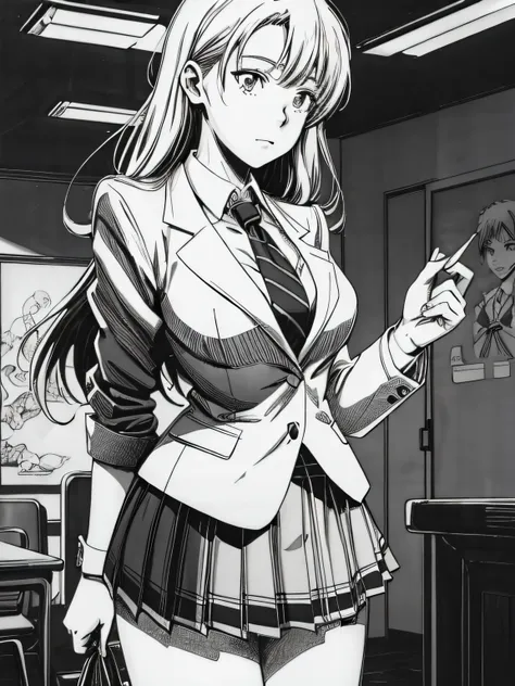 of the highest quality, Best Quality,超A high resolution, hight resolution, (masutepiece), (Comic style illustration), (linear art_Anime),(black-and-white),(monotone_highcontrast),hi-school girl,high-school uniform、neck tie、blazers、skirt by the,Inside the s...