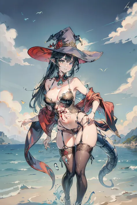 Bright colors，Magic background，loong background，water background，the sky background，1girll，Witch Hat has dragon horns on it，A bodysuit made of stockings，Jumpsuits，Intimate dress，Tightly wrapped，sexy bra，Pantyhose wrap around the hips，sexy underwear，Dress c...