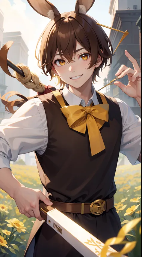 Young guy, Brown hair with blonde strands, Yellow eyes, brown rabbit ears, Smile, Bow and arrow, Masterpiece, hiquality