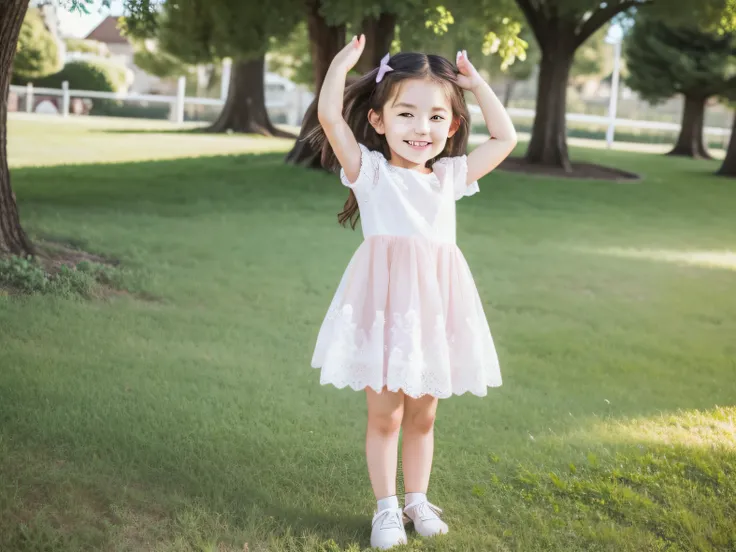 European and American little girl full body smile realistic cute lively in the yard raise hand