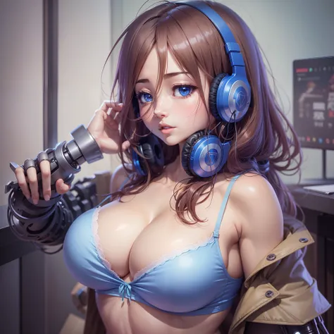 anime girl with headphones and blue bra top posing for a picture, biomechanical oppai, seductive anime girl, oppai, pixiv 3dcg, miki nakano fanart, attractive anime girl, ecchi, (sfw) safe for work, (anime girl), smooth anime cg art, ecchi anime style, mus...