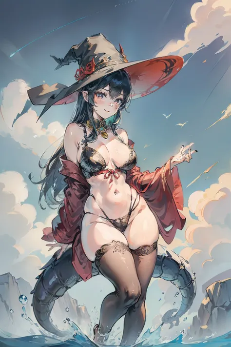 Bright colors，Magic background，loong background，water background，the sky background，1girll，Witch Hat has dragon horns on it，A bodysuit made of stockings，Jumpsuits，The package is tight but transparent, revealing the bra，sexy bra，Pantyhose wrap around the hi...