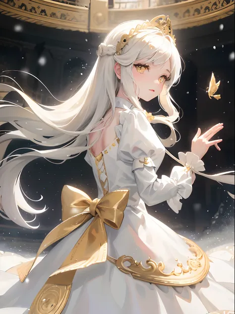 1woman, white long wavy hair, swept bangs, ((golden eyes)), intricate gown, snowing background, dress fluttering, Victorian dress, holding a circular music box