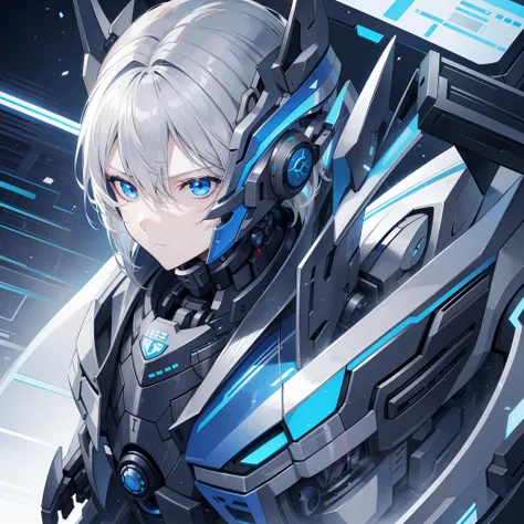 1 man，Bionic Man，Gray hair，Machine-style clothing，blue color eyes，gear wheel，Machinary，Face portrait