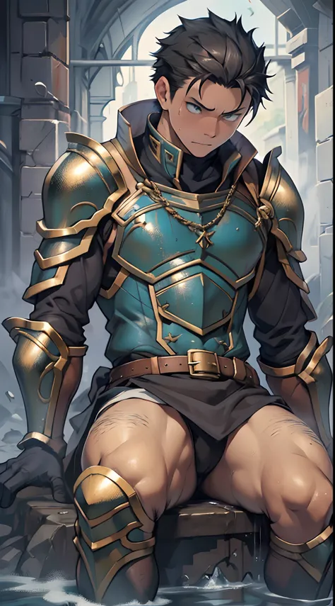 （1 Adult male），A high resolution， Sharp focus， Pixiv masterpiece， （（Complicated details））， highly  detailed， natsuki_subaru， 1 man，Wearing armor，perfect male figure，Urine on the trouser leg， Nervously bow your head，is shy，embarressed，exhilarated，is shocked...