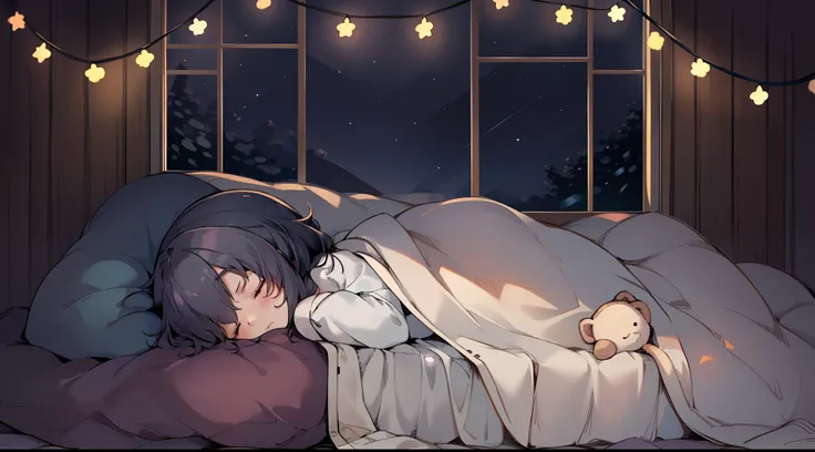 cute little girl sleeping comfortably on a bed, covered with a blanket, stuffed animal, string lights on the wall, window, cozy and comforting atmosphere, nighttime, wonder, pixiv,