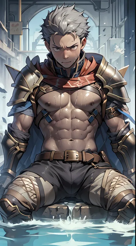 （1 Adult male），A high resolution， Sharp focus， Pixiv masterpiece， （（Complicated details））， highly  detailed， natsuki_subaru， 1 man，Wearing armor，perfect male figure，Urine on the trouser leg， Nervously bow your head，is shy，embarressed，exhilarated，is shocked...