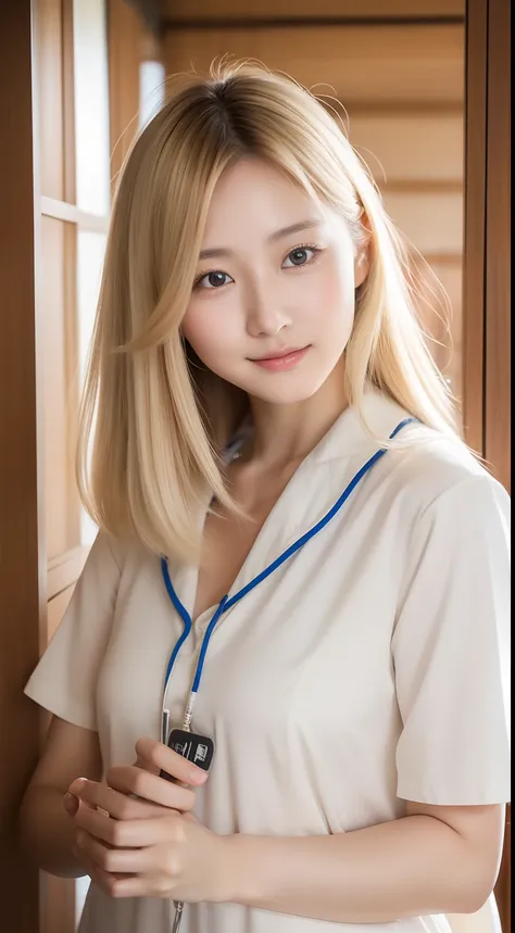 4K、Raw photo、Photoreal Stick、hight resolution、Cute 20 year old woman in Japan , gals、Face like an idol、 Blonde one-length hair、skin tanned、sun burn、Cute Real Photo Girl、、Nursing Staff、Nursing homes、Looking at the camera