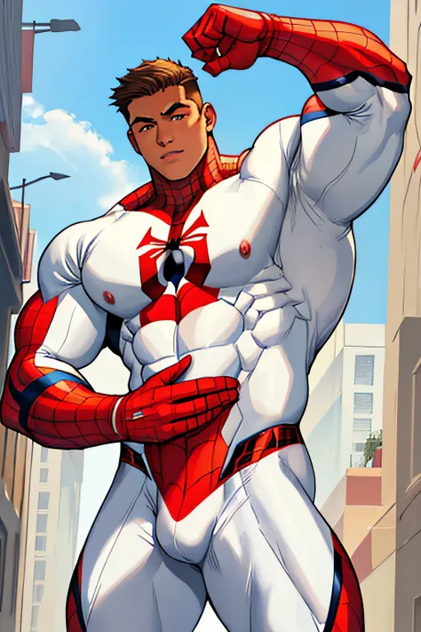 Spider-man massive muscular bodybuilder with extraordinary biceps pectorals triceps traps, plump, Gigachad, White costume with red cobwebs ((Suit White and Red)) bulge in the crotch. A teen 15 years old innocent face (Mexican ethnicity) tan skin.