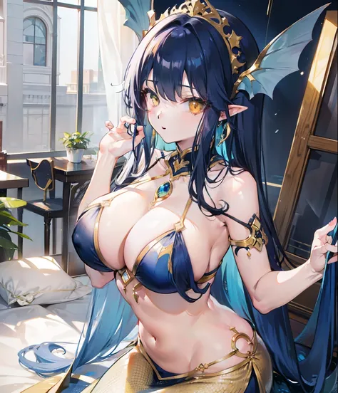 Long navy blue hair，Sexy big breasts，Affectionate yellow eyes，Beautiful mermaid girl