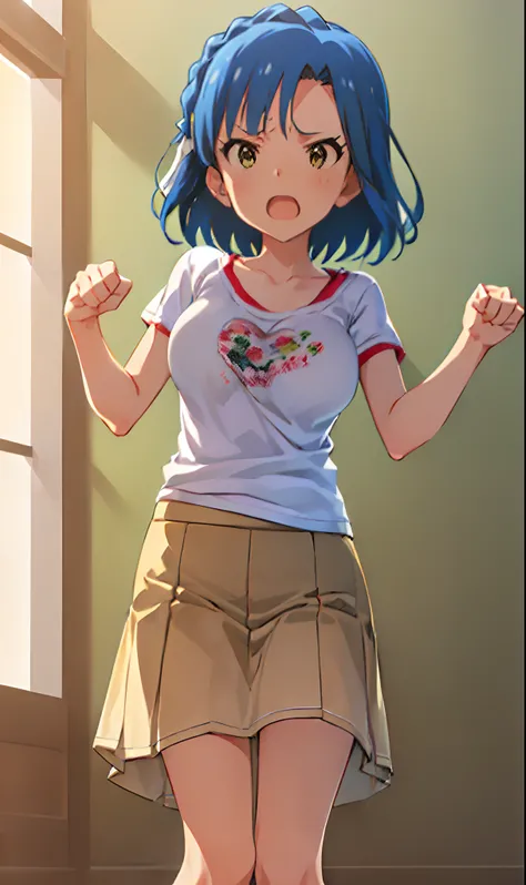 yuriko nanao (million live). Short stature. (((white t-shirts))).(((Skirt))).(((masterpiece))).(((best quality))).((Ultra-detailed))).(((illustratio))). (((fighting stance))).(((a room))).(((Clench your fists))).(((up chest))).Despair face.(((short-hair)))...