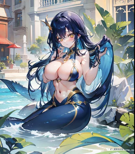 Long navy blue hair，Sexy big breasts，Affectionate yellow eyes，Beautiful mermaid girl