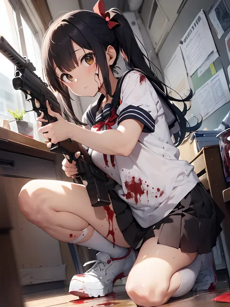 Masterpiece, top quality, lens flare, depth of field, (close-up: 1.3), (wide shot, fisheye: 0.85), face focus, 1 girl, covering with blood, blood, detailed face splattered with blood, detailed lips with blood stains, squatting, medium bob, hairpin, torn sa...