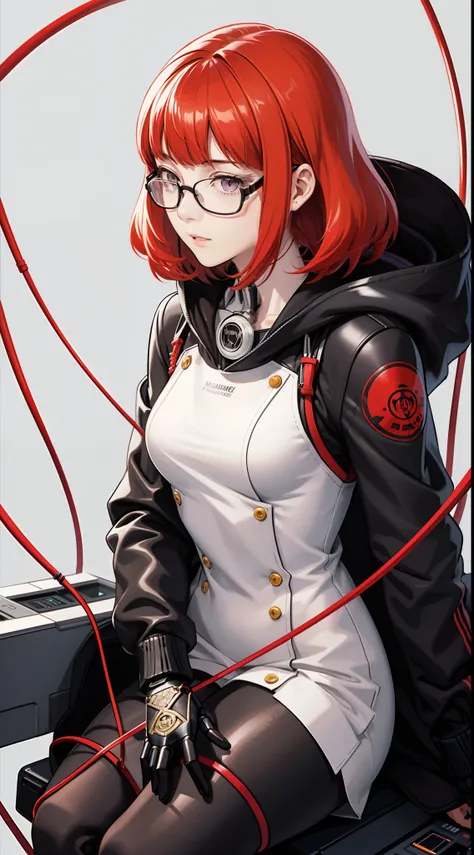 Persona 5, Futaba ,(masterpiece, best quality:1.1), ghibli style, red and blak colors, long_orange_hair, purple eyes, hair_bands, glasses, black and red headphone, coat and hoodie and fur, solo,free styl, (((masterpiece))), (((best quality))), ((ultra-deta...