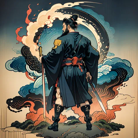 It is a full-body painting with natural colors with Katsushika Hokusai-style line drawings. The swordsman Miyamoto Musashi has a big body like a strongman. Samurai of Japan. He has a dignified yet manly expression of determination, short black hair, and a ...