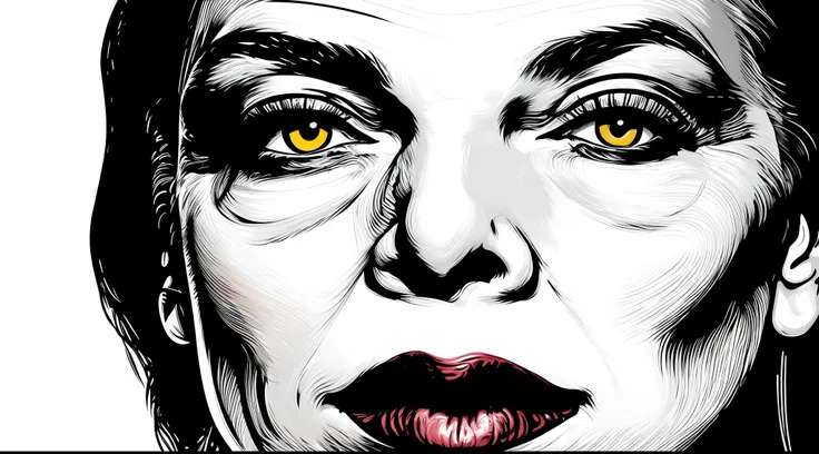 altamente detalhado, belo retrato (caricatural) de uma mulher de olhar sinistro, cinematic lighthing, Dramatic black and white lighting, illustration by vector_art, oil-painting, acrylic painting, CGSociety, ArtStation, (hiperrealismo), (fotorrealismo), ar...