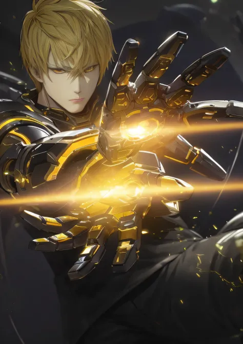 Anime characters wearing golden gloves and glowing hands, Genos， Genos from One Punch Man, Key anime art, an epic anime of a energy man, Anime 8 k, advanced digital anime art ”, advanced digital anime art, Best anime 4k konachan wallpaper, Detailed key ani...