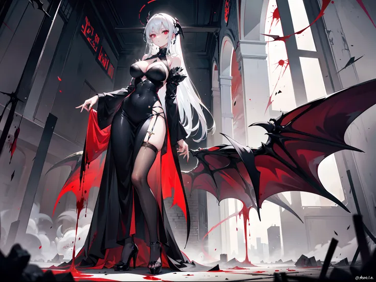 Beautiful girl with white hair，Extremely tall，Extremely thin，Poor milk，Wearing a black dress，Extremely high heels，Master the power of hurricanes，Stand in front of a tornado，Stand in an eerie Gothic building，The figure is extremely tall and slender，The skir...