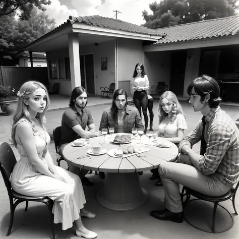 Old retro-style photograph taken on May 1, 1970 depicting some young people being 3 men and 4 women aged between 18 and 27 years wearing clothes and with hairstyles well in the style 1970 smoking and drinking having a barbecue in the backyard of a beautifu...